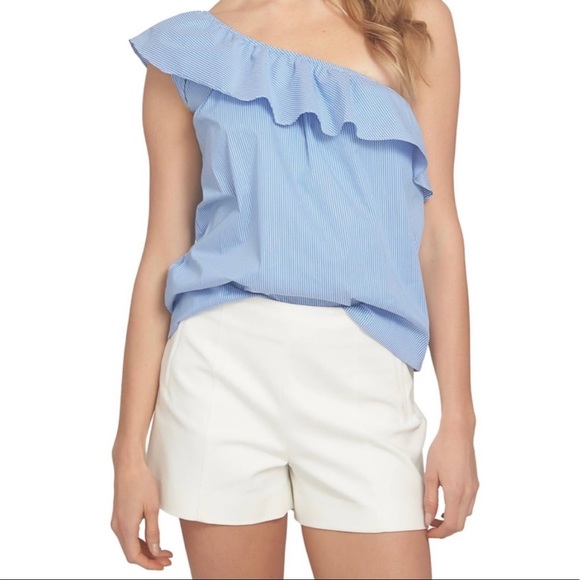 1.State One Shoulder Ruffle Top Liberty Blue Large - Picture 2 of 5
